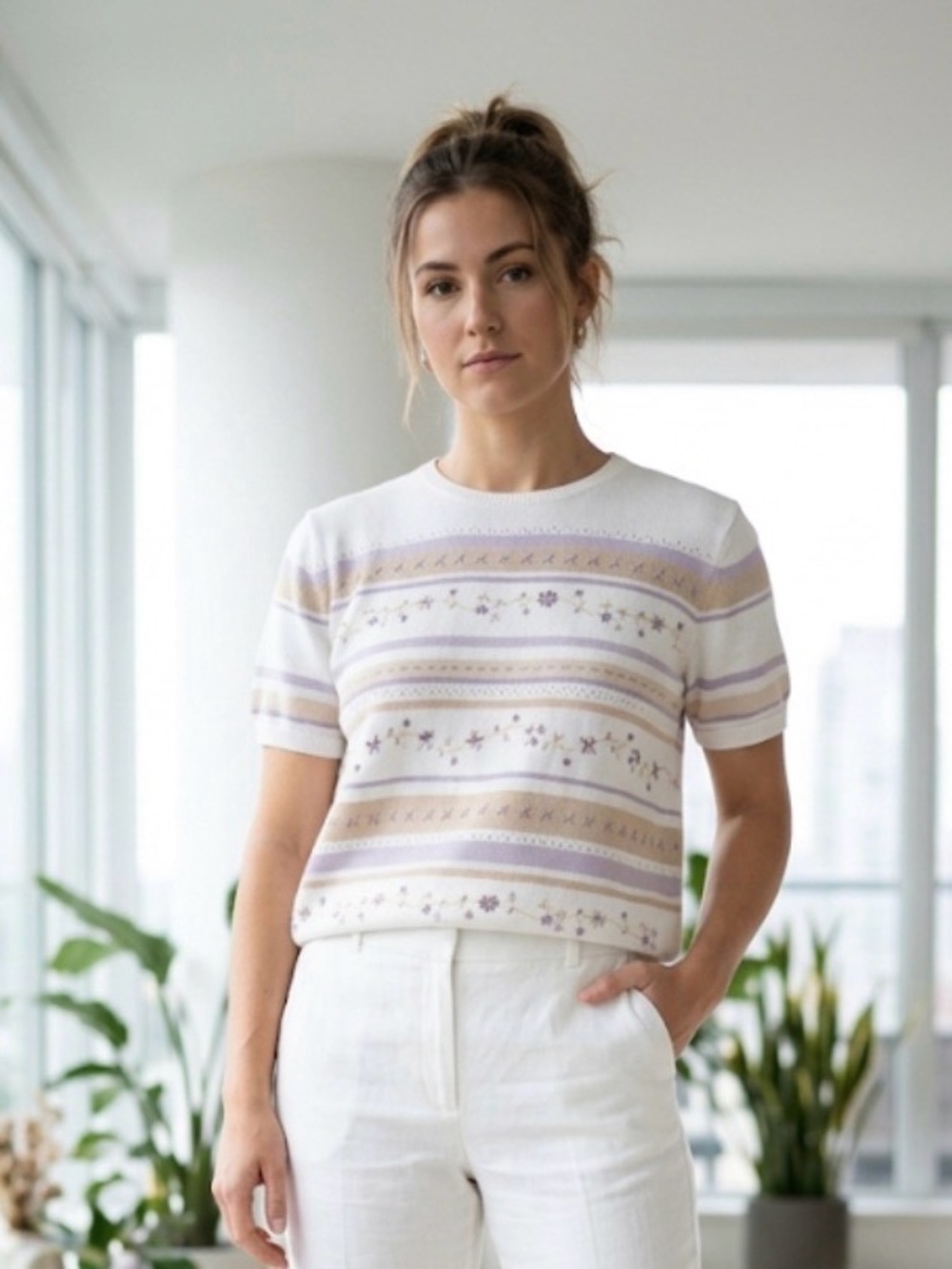 ALFRED DUNNER Cottagecore Knit Embroidery Sweater, Women’s L, White Pastel